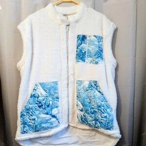 New Winter Snow Trees Fleece Vest womens XL White Blue Full zip up 5 pockets